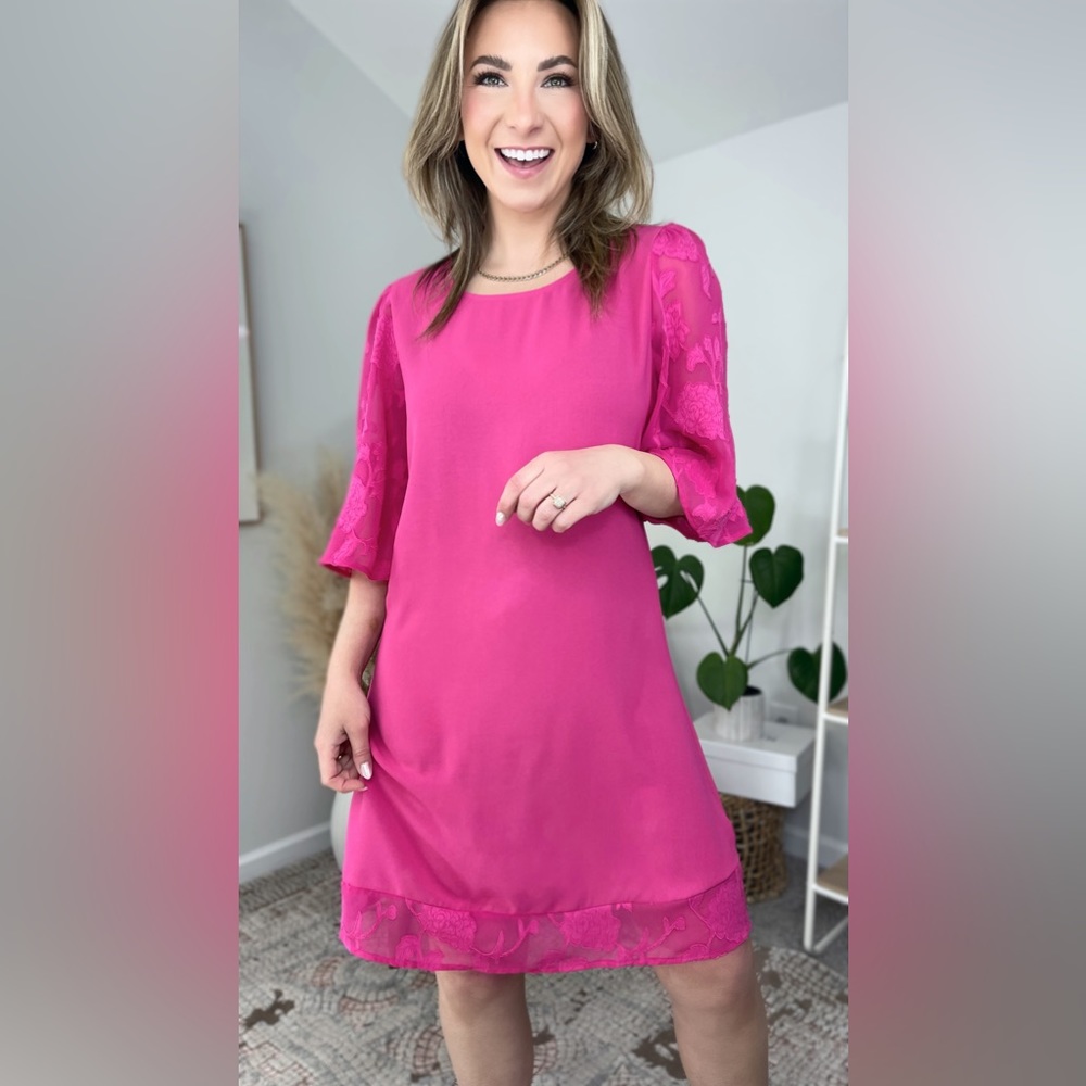 Amazon LookbookStore 3/4 Sleeve Shift Spring Floral Lace Dress, Small, Pink